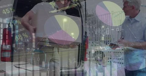 Statistical data processing against caucasian delivery man stacking delivery Stock Illustration