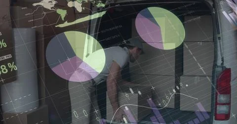 Statistical data processing against caucasian delivery man stacking boxes in his Stock Illustration