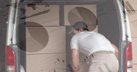 Statistical data processing against caucasian delivery man removing boxes from Illustrazione stock