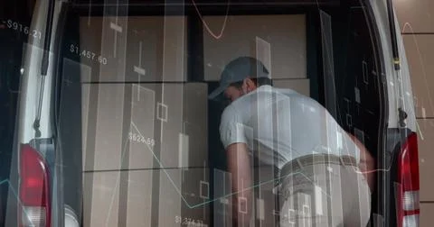 Statistical data processing against caucasian delivery man removing boxes from Illustrazione stock