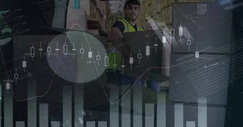 Statistical data processing against caucasian delivery man stacking boxes from 库存照片