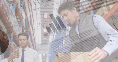 Statistical data processing against caucasian male supervisor packing boxes at Foto stock