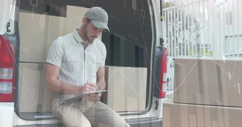 Statistical data processing against caucasian delivery man writing on clipboard Stock Photos