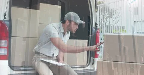 Statistical data processing against caucasian delivery man writing on clipboard Stock Photos