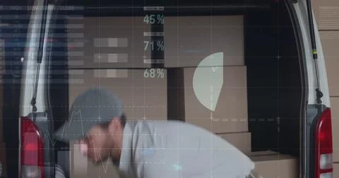 Statistical data processing against caucasian delivery man removing boxes from 스톡 사진