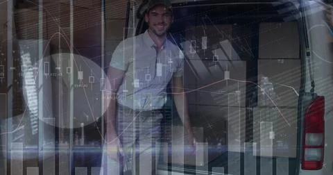 Statistical data processing against caucasian delivery man stacking boxes in his Stock Photos