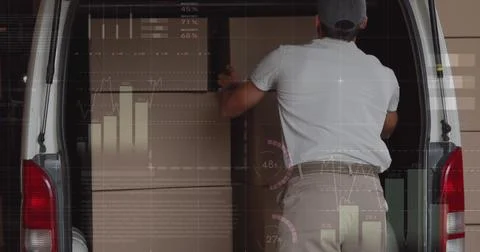 Statistical data processing against caucasian delivery man removing boxes from Stock Photos