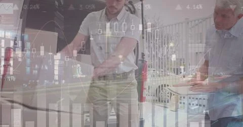 Statistical data processing against caucasian delivery man stacking boxes in his Stock Photos