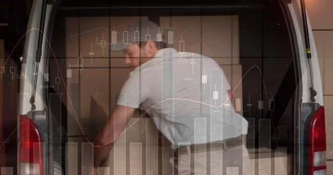 Statistical data processing against caucasian delivery man removing boxes from Stock Photos