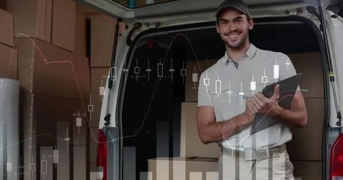 Statistical data processing against caucasian delivery man with clipboard Stock Photos