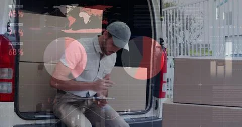 Statistical data processing against caucasian delivery man writing on clipboard Stock Photos