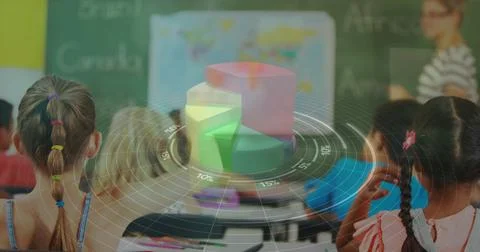 Statistical data processing against caucasian female teacher teaching in a class Stock Photos