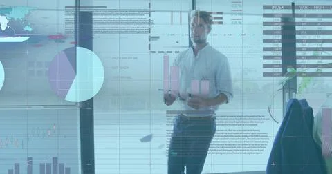 Statistical data processing against caucasian man with digital tablet and coffee Foto stock