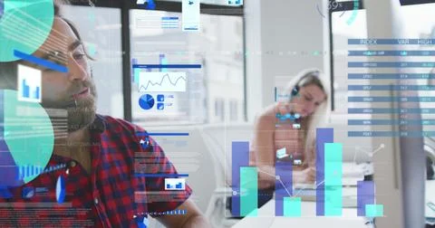 Statistical data processing against caucasian man talking on a image call at Stock Photos