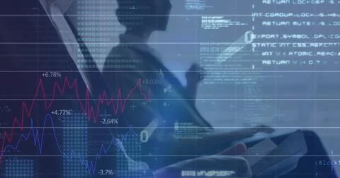 Statistical data processing against caucasian businessman and businesswoman Stockfoto's