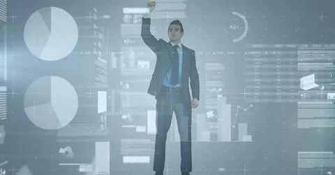 Statistical data processing against caucasian businessman protesting against Stock Photos