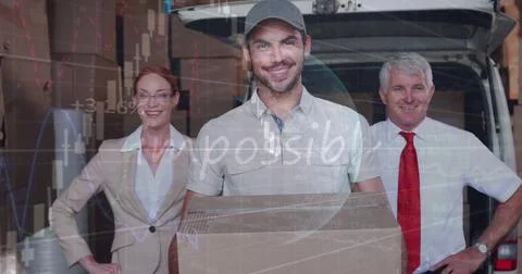 Statistical data processing against caucasian delivery man and male and female Stock Photos