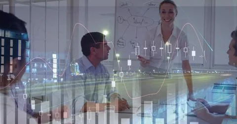Statistical data processing against caucasian woman giving presentation in Stock Photos