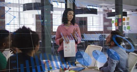 Statistical data processing against caucasian woman discussing with her office Stock Photos
