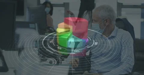 Statistical data processing against caucasian senior man wearing face mask Stock Photos