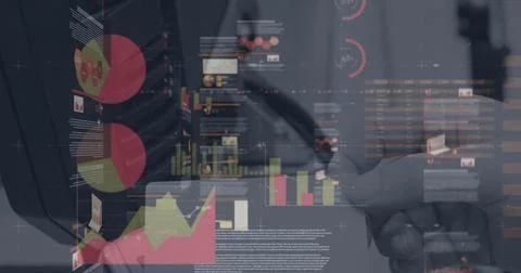 Statistical data processing against close up of person making payment using Stock Illustration