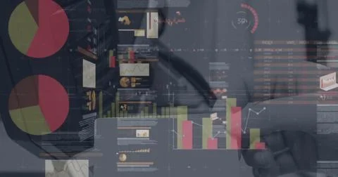 Statistical data processing against close up of person making payment using Illustrazione stock