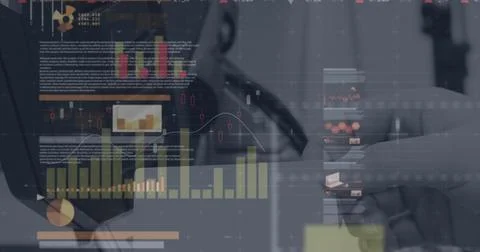 Statistical data processing against close up of person making payment using Stock Illustration