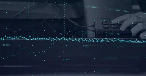 Statistical data processing against close up of hands using keyboard, digital Stock Illustration