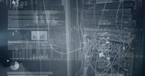 Statistical data processing against close up of a computer server, digital image Stock Illustration