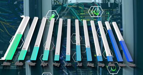 Statistical data processing against close up of a computer servers 스톡 사진