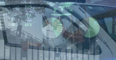 Statistical data processing against delivery man talking on walkie talkie and Illustrazione stock