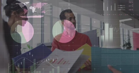 Statistical data processing against diverse office colleagues with documents Stock Footage 327900111