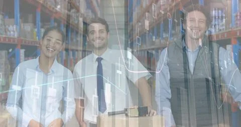 Statistical data processing against diverse male and female supervisors smiling Stock Illustration