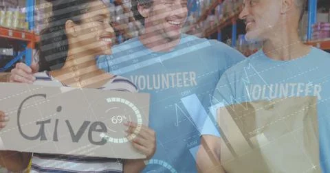 Statistical data processing against diverse male and female volunteers smiling Foto stock