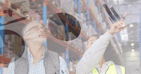 Statistical data processing against diverse male and female supervisor checking Foto stock