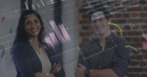 Statistical data processing against diverse male and female office colleagues Foto stock