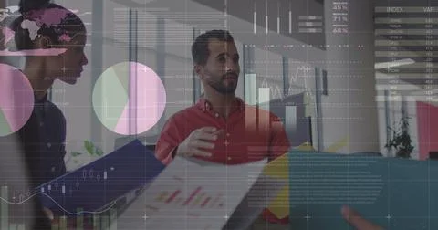 Statistical data processing against diverse office colleagues with documents Stock Photos