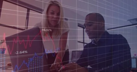 Statistical data processing against diverse male and female office colleagues Stock Photos