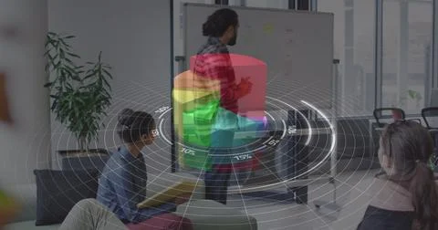 Statistical data processing against diverse office colleagues discussing Stock Photos