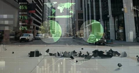 Statistical data processing against dollar symbol falling and breaking on city Foto stock