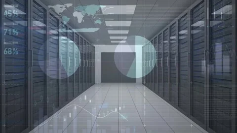 Statistical data processing against empty computer server room Stock Footage 329698180