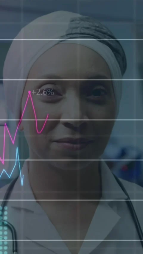 Statistical data processing against female doctor smiling in hospital Видео 323781388