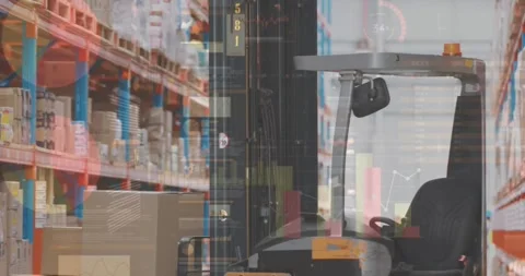 Statistical data processing against forklift machine carrying stack of delivery Stock Footage 316668704