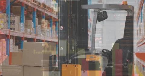 Statistical data processing against forklift machine carrying stack of delivery Foto stock