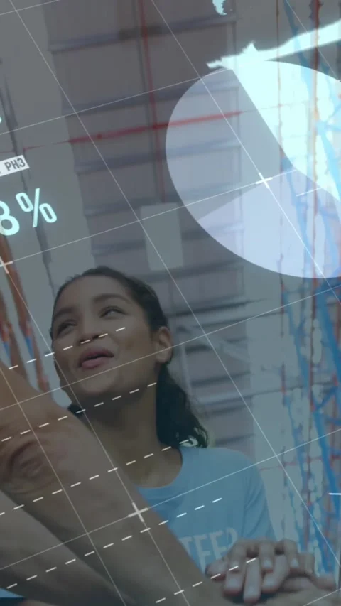 Statistical data processing against group of diverse volunteers making a hand Stock Footage 342599907