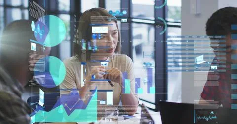 Statistical data processing against group of diverse office colleagues Stockfoto's