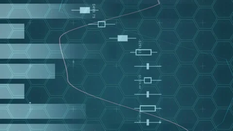 Statistical data processing against hexagonal shape pattern design on blue Stock Footage 313393952