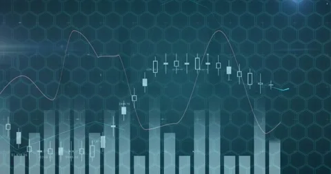 Statistical data processing against hexagonal shape pattern design on blue Stock Footage 326628034
