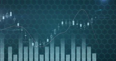 Statistical data processing against hexagonal shape pattern design on blue Stock Illustration