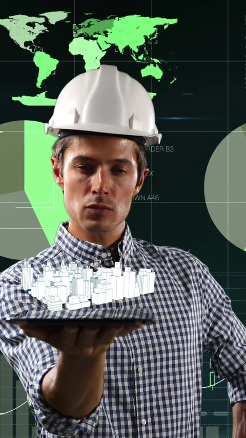 Statistical data processing against male architect holding digital 3D city model Stock Footage 320165199